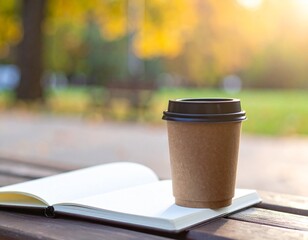 Coffee cup and open notebook on a park bench, soft morning light, peaceful