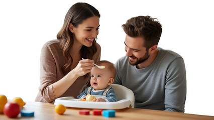 Cheerful Young Parents Lifting Baby Together Isolated on White
