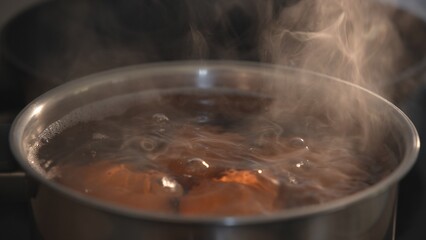 Brown eggs boiling in steaming pot on kitchen stove