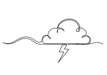 Vector art of a minimalist line drawing of a cloud with a lightning bolt, symbolizing a powerful storm