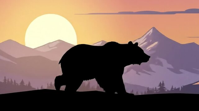 Silhouette Bear Walking Mountains Sunset Wildlife