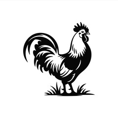 Stylized black and white rooster silhouette on grass