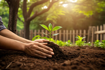 Hands Planting Seedling into Soil in Sunlit Garden