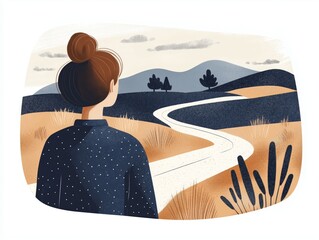 Stylized drawing of a girl walking under an open sky. She wears a sweater and looks toward the mountain horizon, evoking adventure and contemplation.