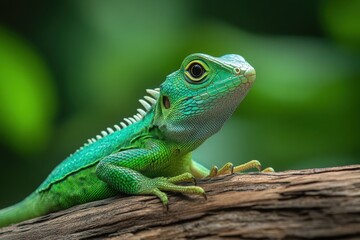 Emerald reptile perched on weathered wood lizard green
