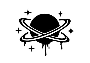 Vector art of a stylized black planet with dripping rings and surrounding stars creates a cosmic vector illustration