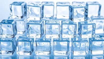 Close-up of numerous translucent ice cubes on a reflective surface