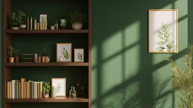 Sunlit Cozy Elegant Home Library with Green Walls &&nbsp;Bookshelf:  Serene & Peaceful.Empty Room. Zoom Virtual Backgrounds, Cozy Interior Backdrops, Modern  Living Room Background for Virtual Meetings.