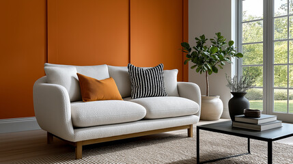 Fototapeta premium Wide-angle full interior view of a modern cozy living room with a luxurious white boucle sofa set against a burnt orange wall, styled with eclectic colorful decor and soft natural daylight ambiance