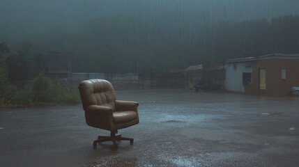Abandoned office chair left outside during rain