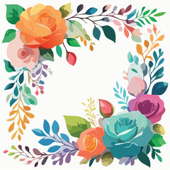Collection of floral decors and frame with colorful roses, branches and green leaves. Vector holiday illustration in watercolor style, template for your design
