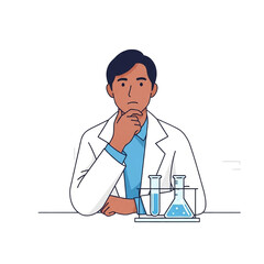 A thoughtful scientist in a lab coat ponders a complex problem while working with chemical solutions.