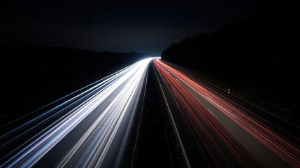 Highway at night with streaks of light from moving vehicles.