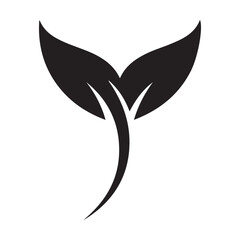 Obraz premium A black silhouette of two leaves sprouting from a curved stem on white back