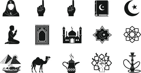 Collection of Islamic cultural icons, traditional symbols, religious elements, heritage artifacts and practices, cad drawing flat vector illustration