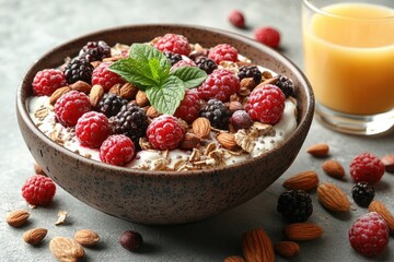 Yogurt bowl with fresh raspberries, blackberries, almond, and mint. Use this vibrant image to promote healthy breakfast recipe ideas.