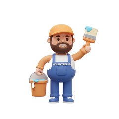Cheerful cartoon character volunteer with a paintbrush and paint bucket ready to help with a community project.