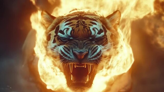 Fiery Tiger Roar: Intense Animation of a Bengal Tiger Engulfed in Flames and Ferocious Growl