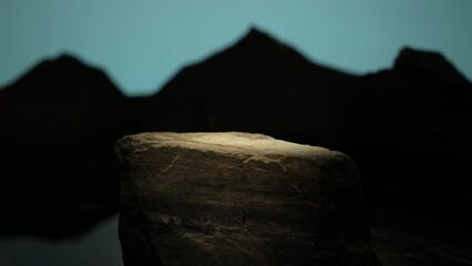 Stone cylinder reflected in water-like floor under soft dramatic lighting