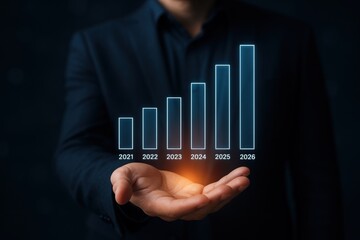 Rising Growth Presented: An elegant businessman presents a dynamic chart, symbolizing growth, development, and future success. The chart is highlighted in a subtle glow.