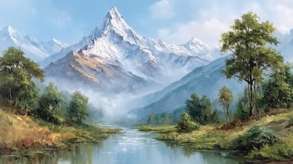 Fototapeta premium Majestic Snow-Capped Mountains at Sunrise with River Flowing Through Serene Trees in Nature