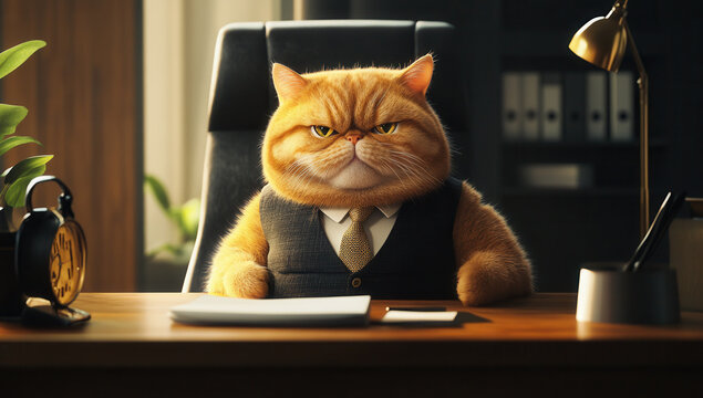 Grumpy boss cat wearing suit at work desk ready to fire you for missing deadlines today