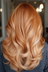 Naklejka premium Elegant peach-blonde hair with soft waves and rich orange undertones enhancing golden hues, captured from the back in natural-lit interior setting