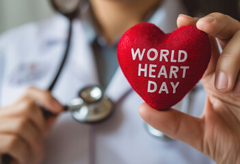 A male doctor in white coat holding a red heart shaped object with WORLD HEART DAY text for healthcare celebration, close up of hands with stethoscope and medical background for banner design