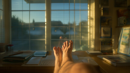 Lazy Friday Afternoon with Feet on Desk and Sunlight Through Blinds