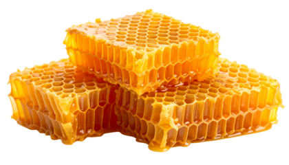 Golden honeycombs with rich, sticky texture and hexagonal structure, fully isolated on a transparent or white PNG background 
