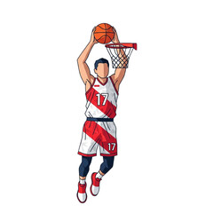 An athletic player in a striking red and white jersey jumps powerfully to score a slam dunk in a basketball game.