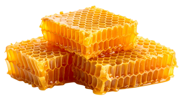 Golden honeycombs with rich, sticky texture and hexagonal structure, fully isolated on a transparent or white PNG background 