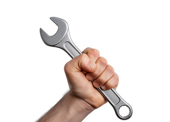 Hand holding a wrench, isolated on a white background. Detailed photograph, stock photo, stock photography, high-resolution image. 