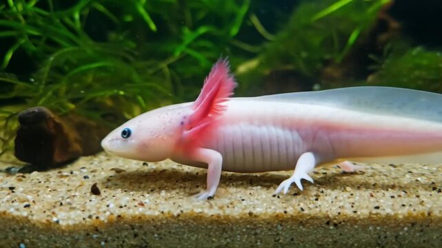 Beautiful Plain White Axolotl Swimming in a Freshwater Aquarium. AI video
