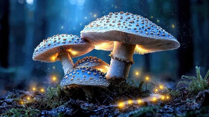Enchanting Mushroom Forest Illuminated by Fairy Lights in a Magical Night Landscape