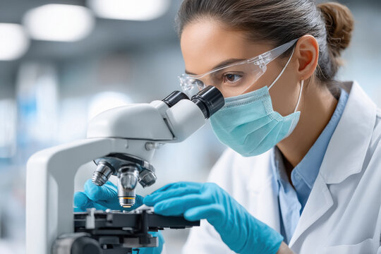 female scientist in a sterile white lab coat working in microscope