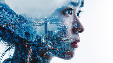 Dynamic urban portrait of a woman with city skyline, representing global vision, modern innovation, and the future of technology and cosmopolitan life