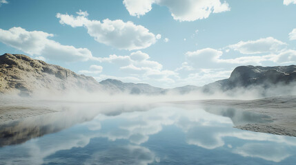 Fototapeta premium Serene mountain lake reflecting a vibrant sky. Tranquil valley scene with a calm lake mirroring the clouds and mountains