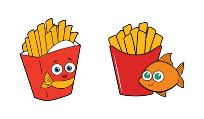 Two cartoonish red french fry containers with faces and one friendly cartoon fish isolated on white background