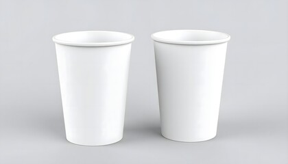 Mockup of two plain white paper cups on a clean background, ideal for showcasing logo designs, branding, or packaging concepts in a modern and minimal style.