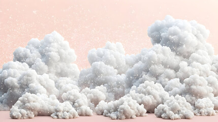 Fluffy white clouds against a soft pink background with subtle snowfall.  A serene and dreamy scene