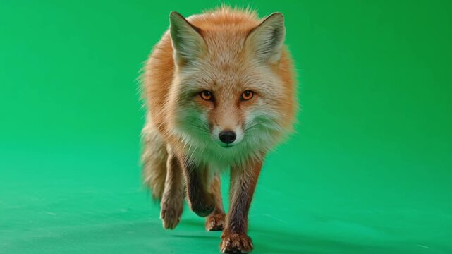 A fox walking towards the camera on a green screen with a curious and alert expression on its face green screen animal video