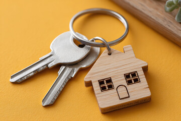 wooden house shaped keyring with key on yellow background