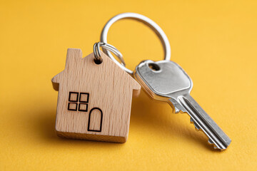 wooden house shaped keyring with key on yellow background