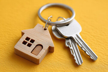 wooden house shaped keyring with key on yellow background
