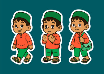 Muslim Boy Cartoon Stickers Set Walking, Praying, Carrying Bag