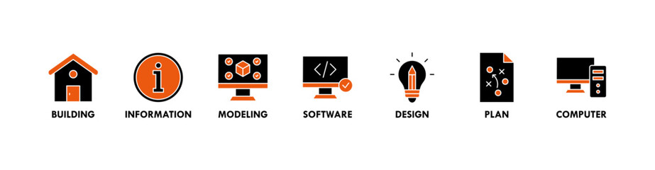 BIM banner web icon vector illustration concept for building information modeling with icon of building, information, modeling, software, design, plan, and computer