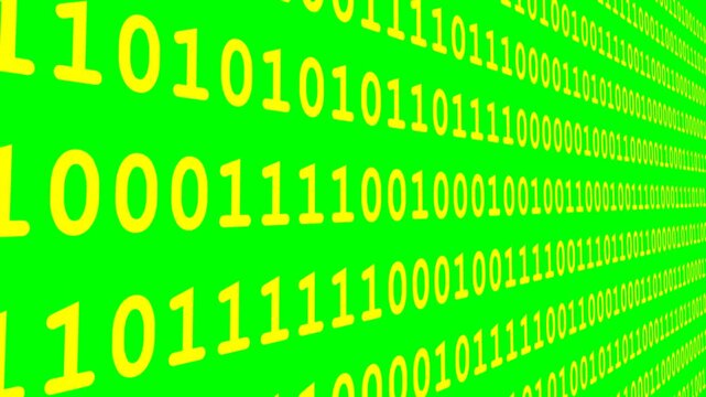 Yellow running lines of computer binary code on isolated green screen, side view, chroma key, footage, mockup, loop