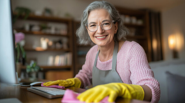Professional cleaning lady wiping family photo on desk at home