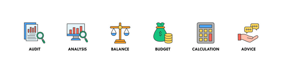 Accounting banner web icon vector illustration concept for business and finance with an icon of the audit, analysis, balance, budget, calculation, and advice